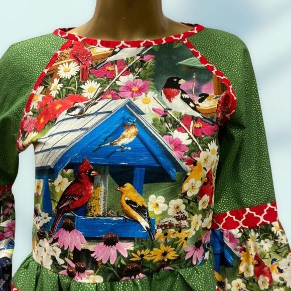 Cute Hobo Styled Maxi Dress Bird & Multi Print Cotton Long Ruffled Dress Women - Picture 6 of 8